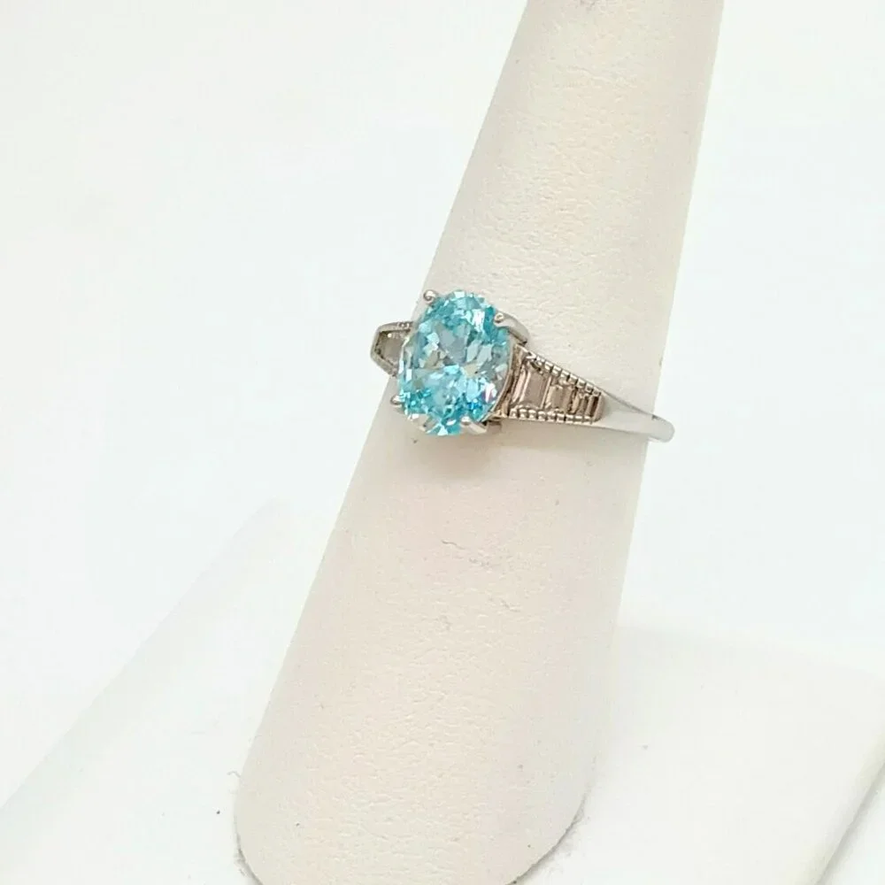 IBB 925 Light Blue Ring 7 Sterling Silver Solitaire with Clear Baguettes